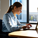 A professional individual, fully clothed in modest, appropriate business attire, calmly engaged in work on a laptop at a modern, ergonomic desk within a sunlit, intelligent office space. The adaptive lighting system subtly transitions from a bright, cool light in the morning to a softer, warmer glow as the day progresses, reflecting the circadian rhythm. Perfect anatomy, natural pose, well-formed hands, correct proportions, professional photography, high quality, safe for work, appropriate content, family-friendly.
