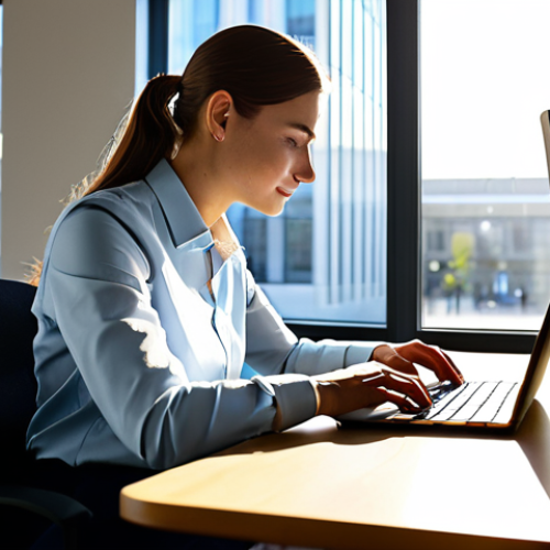 Home 11 A professional individual, fully clothed in modest, appropriate business attire, calmly engaged in work on a laptop at a modern, ergonomic desk within a sunlit, intelligent office space. The adaptive lighting system subtly transitions from a bright, cool light in the morning to a softer, warmer glow as the day progresses, reflecting the circadian rhythm. Perfect anatomy, natural pose, well-formed hands, correct proportions, professional photography, high quality, safe for work, appropriate content, family-friendly.