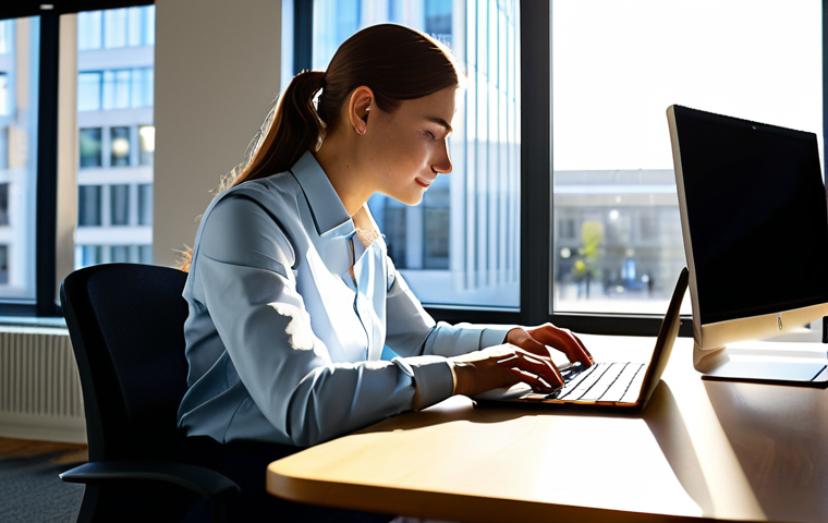 A professional individual, fully clothed in modest, appropriate business attire, calmly engaged in work on a laptop at a modern, ergonomic desk within a sunlit, intelligent office space. The adaptive lighting system subtly transitions from a bright, cool light in the morning to a softer, warmer glow as the day progresses, reflecting the circadian rhythm. Perfect anatomy, natural pose, well-formed hands, correct proportions, professional photography, high quality, safe for work, appropriate content, family-friendly.