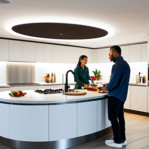 Home 24 **
A modern kitchen with circular LED panels providing ambient lighting. Stainless steel appliances and sleek countertops are visible. A family is preparing dinner together, fully clothed and wearing modest attire. Safe for work, appropriate content, perfect anatomy, natural proportions, professional, family-friendly.
**