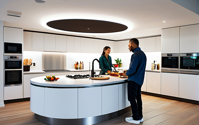 **

A modern kitchen with circular LED panels providing ambient lighting. Stainless steel appliances and sleek countertops are visible. A family is preparing dinner together, fully clothed and wearing modest attire. Safe for work, appropriate content, perfect anatomy, natural proportions, professional, family-friendly.

**