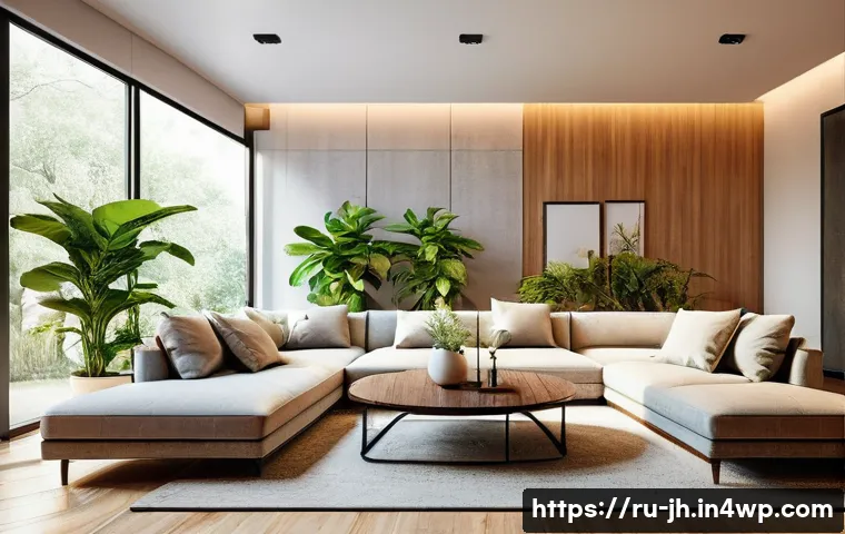 서큘래딘 조명 설계의 이점 - A modern living room interior featuring a circulatory lighting design with multiple light sources in...