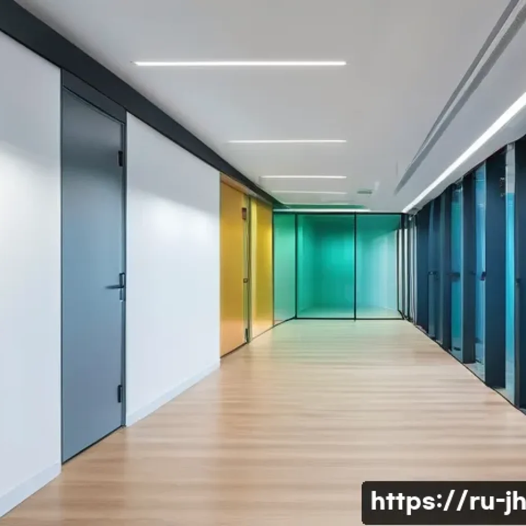 서큘래딘 조명 설계에서의 색채 심리학 - A modern office corridor illuminated with a gradient lighting design, transitioning smoothly from wa...