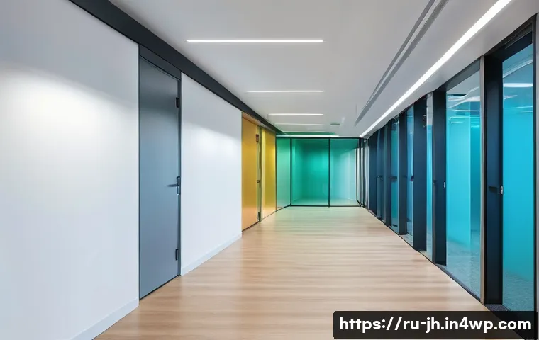 서큘래딘 조명 설계에서의 색채 심리학 - A modern office corridor illuminated with a gradient lighting design, transitioning smoothly from wa...