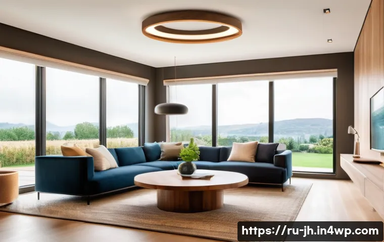 서큘래딘 조명 설계의 기본 용어 해설 - A modern living room interior featuring Circuladin LED lighting with warm color temperature around 2...