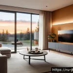 Home 20 서큘래딘 조명 설계에서의 기술 혁신 - A modern living room interior illuminated by adaptive Circuladin lighting system, showcasing dynamic...