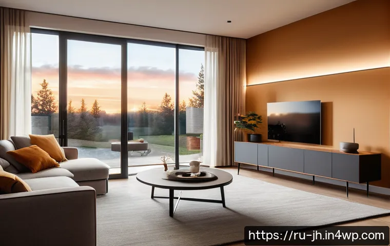 서큘래딘 조명 설계에서의 기술 혁신 - A modern living room interior illuminated by adaptive Circuladin lighting system, showcasing dynamic...