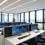 Home 19 서큘래딘 조명 설계에서의 전력 소비 관리 - A modern office interior showcasing smart lighting technology with automated motion sensors and pres...