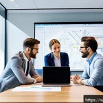 Home 23 서큘래딘 조명 설계에서의 시간 관리 전략 - A modern office meeting room scene focused on a diverse team of professionals collaborating on an ar...